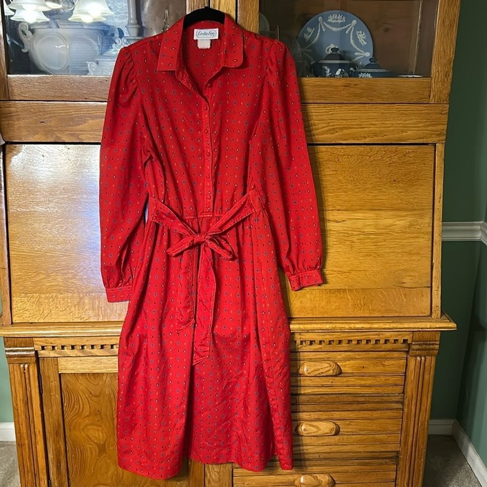 Vintage Leslie Fay Preppy Red Diamond Print Shirt Dress Belted Midi Long Sleeve